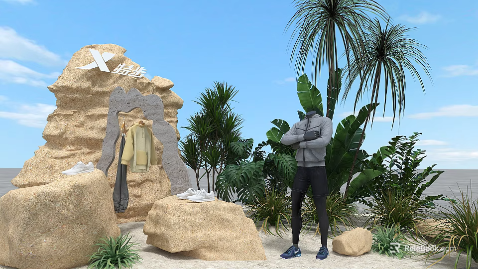 Floral Installation With Palm Trees Green Plants And Rock Formations On Sandy Ground 3d model 
