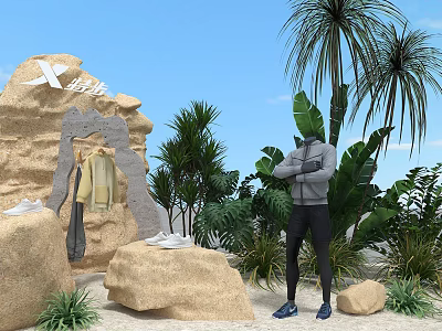 Floral Installation With Palm Trees Green Plants And Rock Formations On Sandy Ground 3d model