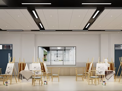 Bright And Spacious Art Classroom With Easels Drawing Boards And Chairs 3d model