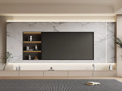 Modern TV Background Wall With Marble Panel Built in Shelves And Storage Cabinets 3d model