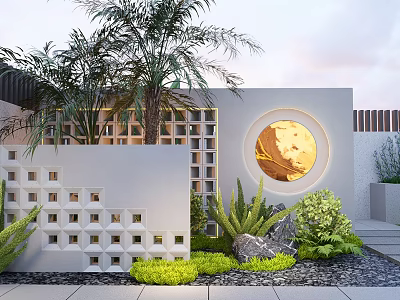 White Modern Garden Wall With Circular Decoration Plants Succulents Pebbles And Steps 3d model