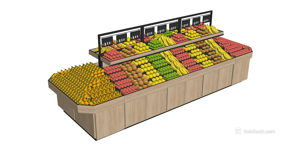 Wooden Multi Tier Fruit Display Shelves In Supermarket With Fresh Fruits 3d model 