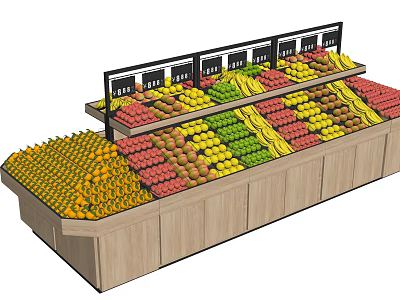 Wooden Multi Tier Fruit Display Shelves In Supermarket With Fresh Fruits 3d model