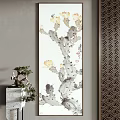 Ink Style Plant Painting of Cactus with Yellow Flowers and Decorative Stone in Room