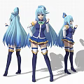 Anime Game Character Figure With Blue Hair Blue White Outfit Long Boots Multi Angle