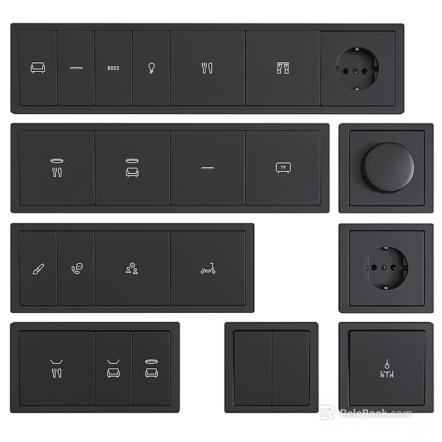 Black Modern Switch Panels with Sleek Design Various Switches Sockets Icons and Round Controls 3d model 