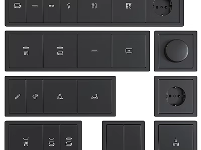 Black Modern Switch Panels with Sleek Design Various Switches Sockets Icons and Round Controls 3d model