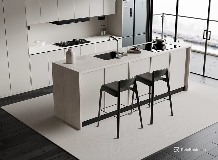 Modern Open Kitchen Bar Counter With Sleek Surface And Black Bar Stools 3d model 