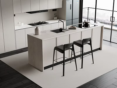 Modern Open Kitchen Bar Counter With Sleek Surface And Black Bar Stools 3d model