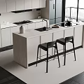 Modern Open Kitchen Bar Counter With Sleek Surface And Black Bar Stools 3d model