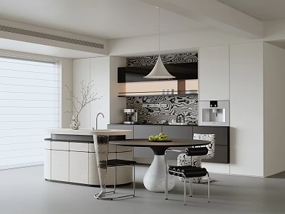 Modern Restaurant Interior With White Cabinets Black White Mosaic Backsplash Island Counter And Pendant Light 3d model
