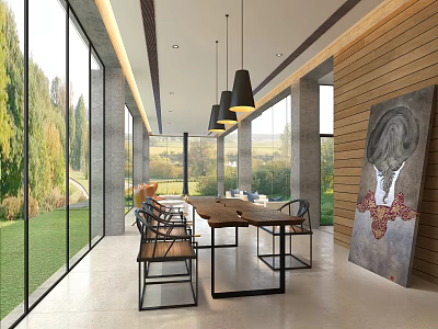 Hotel Public Lounge Area Featuring Large Windows Natural Views Long Wooden Table Black Metal Chairs 3d model