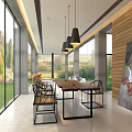 Hotel Public Lounge Area Featuring Large Windows Natural Views Long Wooden Table Black Metal Chairs