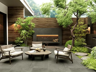Modern Courtyard Garden Design With Wooden Walls Fireplace Chairs Round Coffee Table And Green Trees 3d model