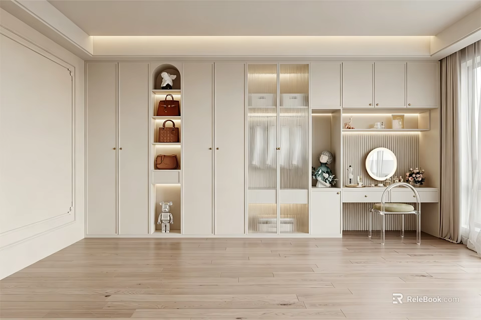 Modern Walk In Closet Interior With White Cabinets Glass Doors And Dressing Table Mirror 3d model 