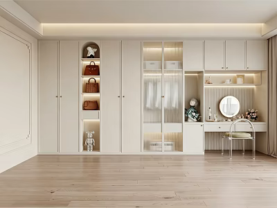 Modern Walk In Closet Interior With White Cabinets Glass Doors And Dressing Table Mirror 3d model