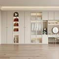Modern Walk In Closet Interior With White Cabinets Glass Doors And Dressing Table Mirror