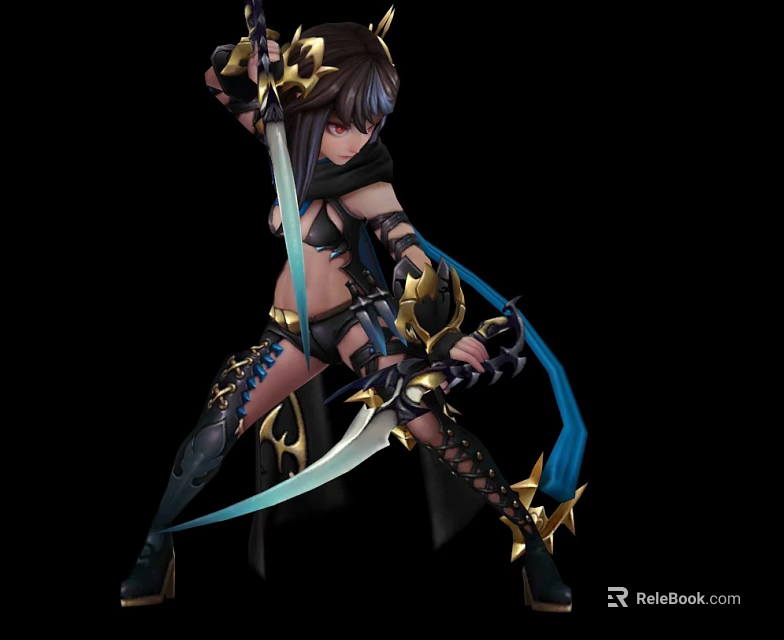 Fantasy Game And Movie Character Holding Dual Swords In Black Gold Outfit With Blue Ribbons 3d model 