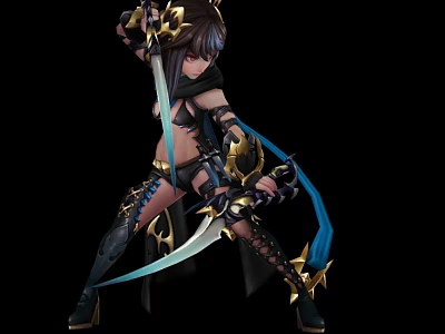 Fantasy Game And Movie Character Holding Dual Swords In Black Gold Outfit With Blue Ribbons 3d model