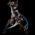 Fantasy Game And Movie Character Holding Dual Swords In Black Gold Outfit With Blue Ribbons