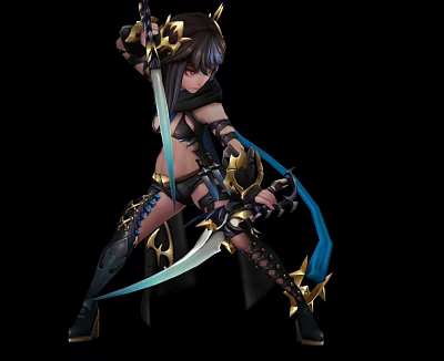 Fantasy Game And Movie Character Holding Dual Swords In Black Gold Outfit With Blue Ribbons 3d model