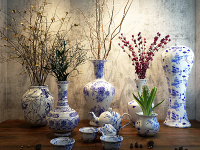 Blue and White Ceramic Vases with Red Flowers Green Plants and Branches on Wooden Table 3d model