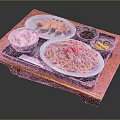 Traditional Asian Food Platter with Dumplings Noodles Rice and Sauce on Wooden Tray
