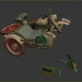 Vintage Distressed Tricycle Motorcycle With Tools Wooden Crate And Chainsaw