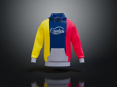 Cavaliers Hoodie With Blue Yellow Red Color Block Design And Gray Front Pocket 3d model
