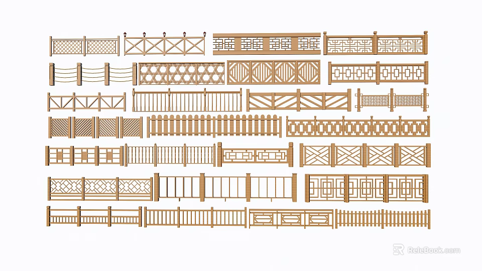 Various Wooden Decorative Fence Designs With Lattice Patterns And Railing Structures 3d model 