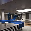 Modern Industrial Coffee Shop Interior With Motorcycle Decor And Blue Accents