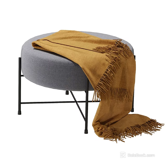Stylish Gray Round Ottoman with Brown Fringed Blanket and Black Metal Legs 3d model 