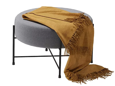 Stylish Gray Round Ottoman with Brown Fringed Blanket and Black Metal Legs 3d model
