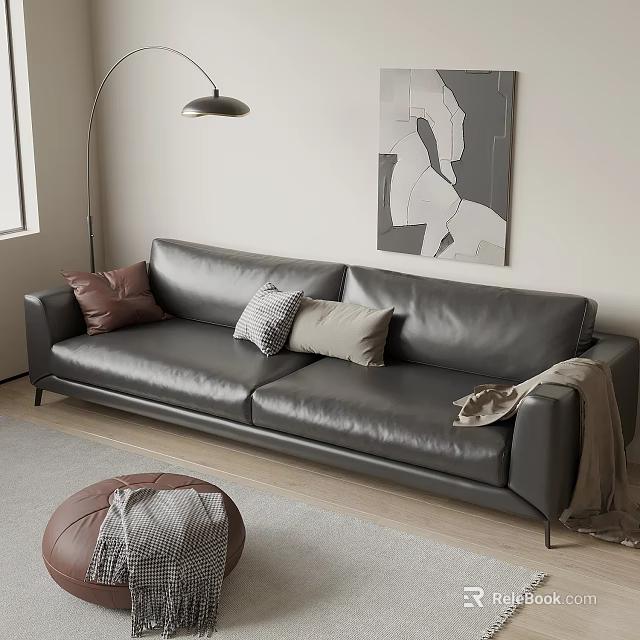 Modern Black Leather Two-Seater Sofa in Living Room with Brown Beige Pillows and Round Ottoman 3d model 