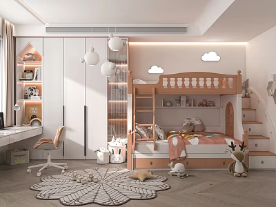 Modern Kids Room Interior With Bunk Bed Desk Chair Cloud Decor And Cozy Rug 3d model