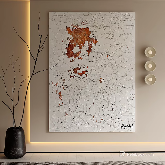 Abstract Painting With White Cracked Texture Red Brown Patches Black Vase Branch Decoration Candle Holders 3d model 