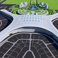 Modern Airport Terminal Architecture With Unique Roof Green Landscape Parking Areas And Circular Layout
