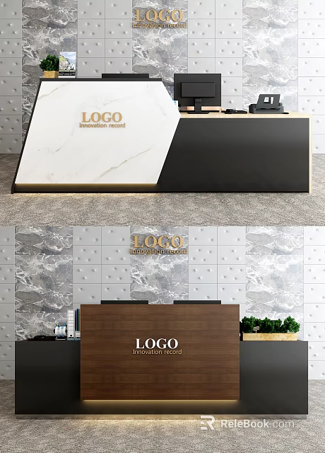 Modern Reception Desk With Marble Countertop And Gold Logo Display On Patterned Wall Panel 3d model