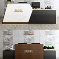Modern Reception Desk With Marble Countertop And Gold Logo Display On Patterned Wall Panel 3d model