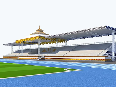 Stadium Public Facility With Golden Decorated Pavilion Stands Green Lawn And Blue Track Canopy 3d model