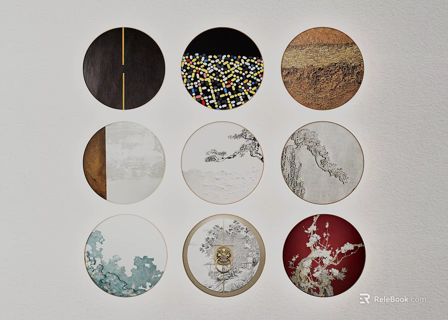 Various Round Framed Paintings Featuring Diverse Patterns Textures And Artistic Designs 3d model