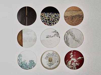 Various Round Framed Paintings Featuring Diverse Patterns Textures And Artistic Designs 3d model