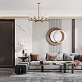 Modern Living And Dining Room Interior With Chandelier Sofa Dining Table And Round Wall Art