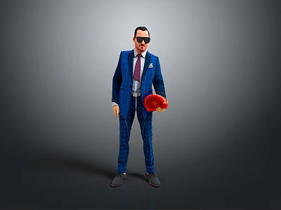 A Man In Blue Plaid Suit Wearing Sunglasses Holding Red Hat Against Gray Background 3d model