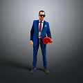 A Man In Blue Plaid Suit Wearing Sunglasses Holding Red Hat Against Gray Background