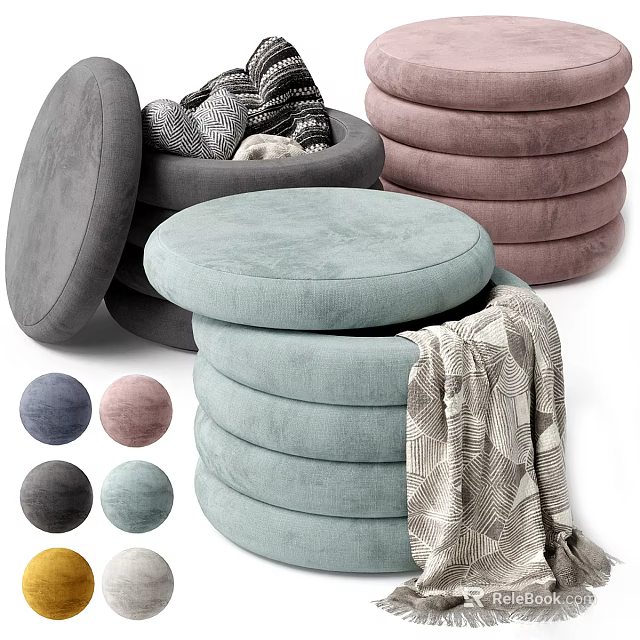 Modern Round Upholstered Stools Stackable Design with Soft Cushions and Patterned Blanket 3d model 
