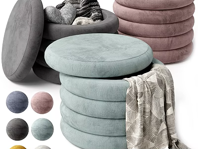 Modern Round Upholstered Stools Stackable Design with Soft Cushions and Patterned Blanket 3d model