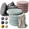 Modern Round Upholstered Stools Stackable Design with Soft Cushions and Patterned Blanket 3d model