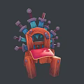 Wooden Chair Featuring Red Cushion And Multiple Swords As Decorative Elements