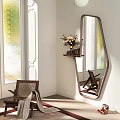 Irregular Shaped Wall Mirror With Wooden Shelf Vase Flowers Window And Chair